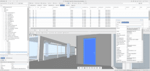 FM Access med bim-modell i 3D-vy. Produktdata på objektsnivå för dörrar visas.